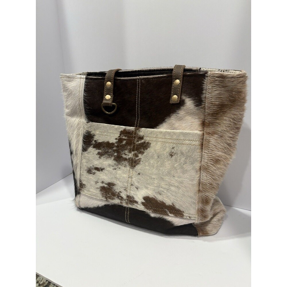 Myra Bag Cowhide Hair-On Pony Tote Bag Large Weekend Leather Brown Zip Boho